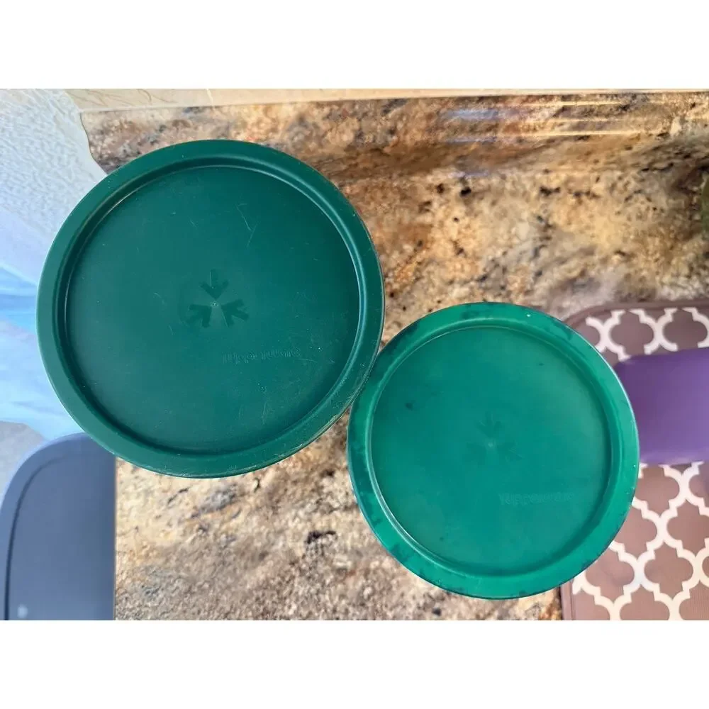 Vintage Tupperware Reminder Canisters Set of 2 White With Green Lids Granny Core